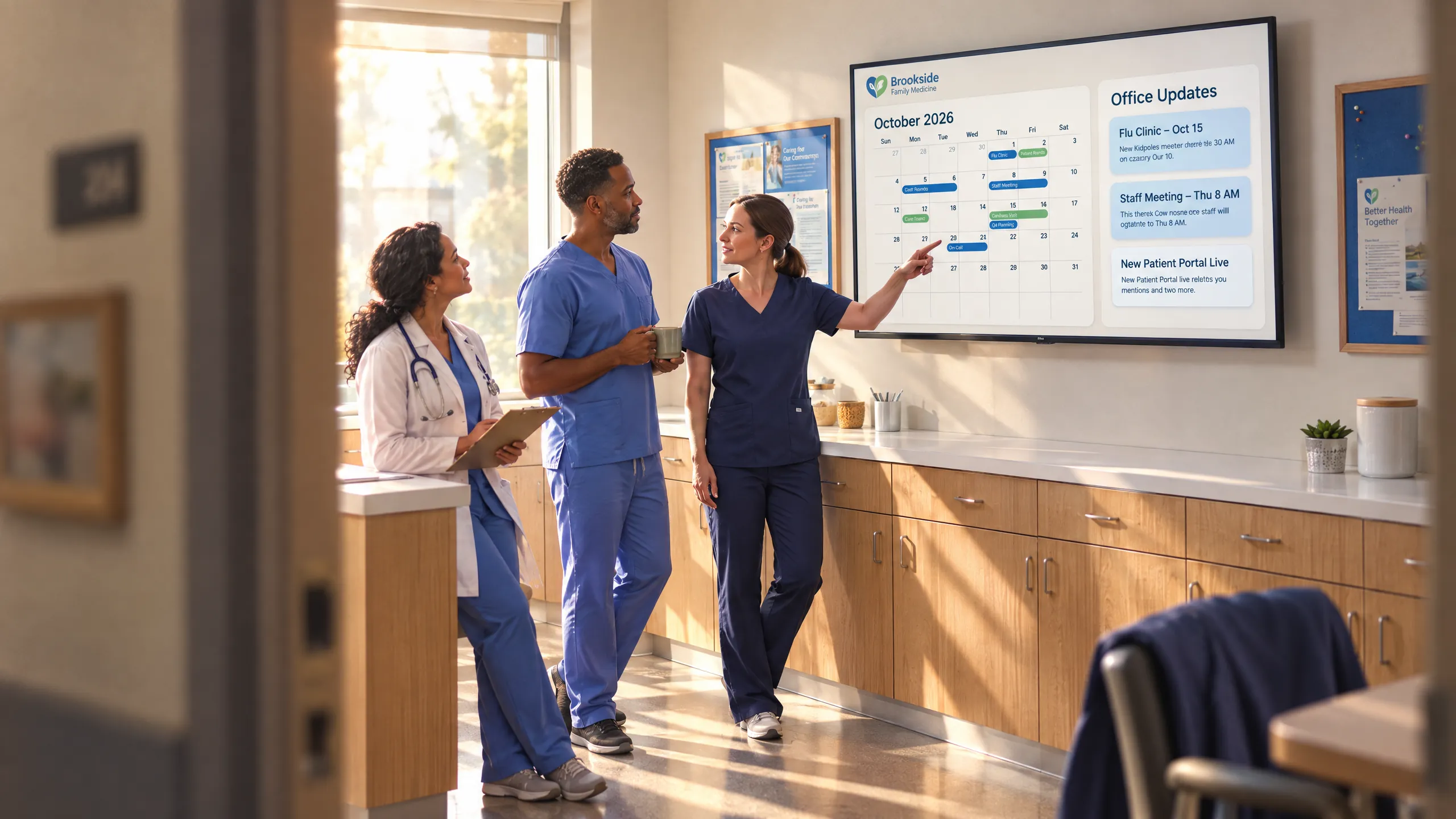 Healthcare professionals collaborating beside a back-office screen