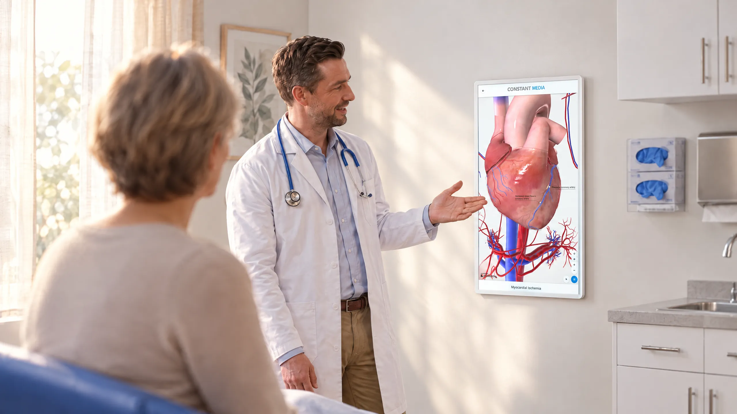 A healthcare provider using a digital wallboard to explain anatomy to a patient
