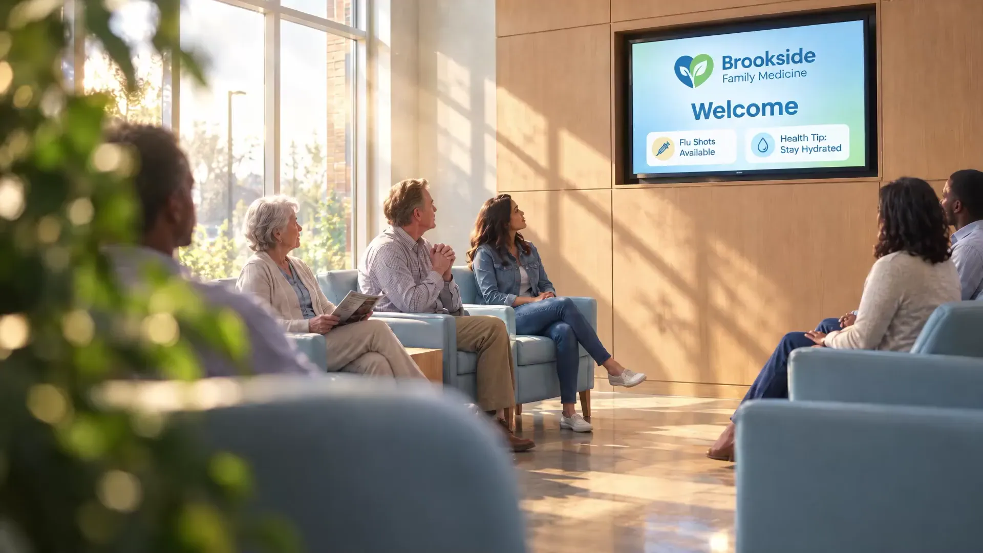 Patients in a waiting room watching a practice welcome screen