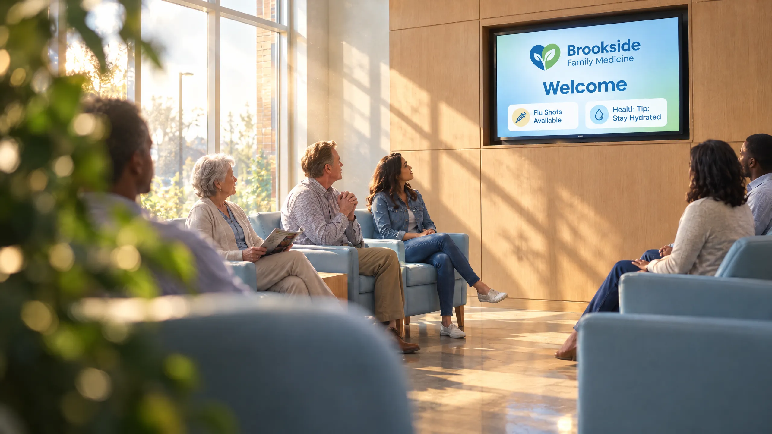 Patients watching a waiting room education screen